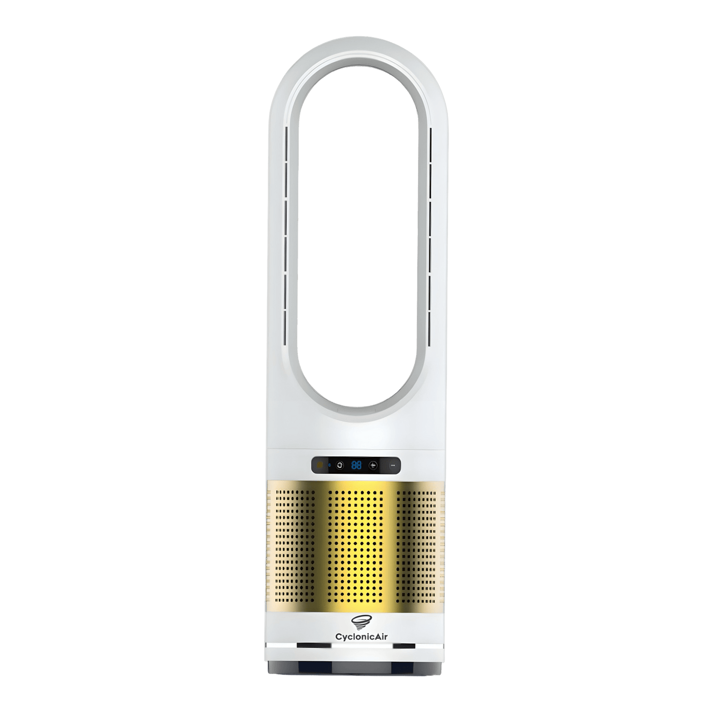 CyclonicAir Pro Pure Climate HEPA bladeless fan in Champagne Gold combines whisper‑quiet heating, cooling, H13 HEPA air filtration, and smooth oscillation in a sleek, safety‑focused design.