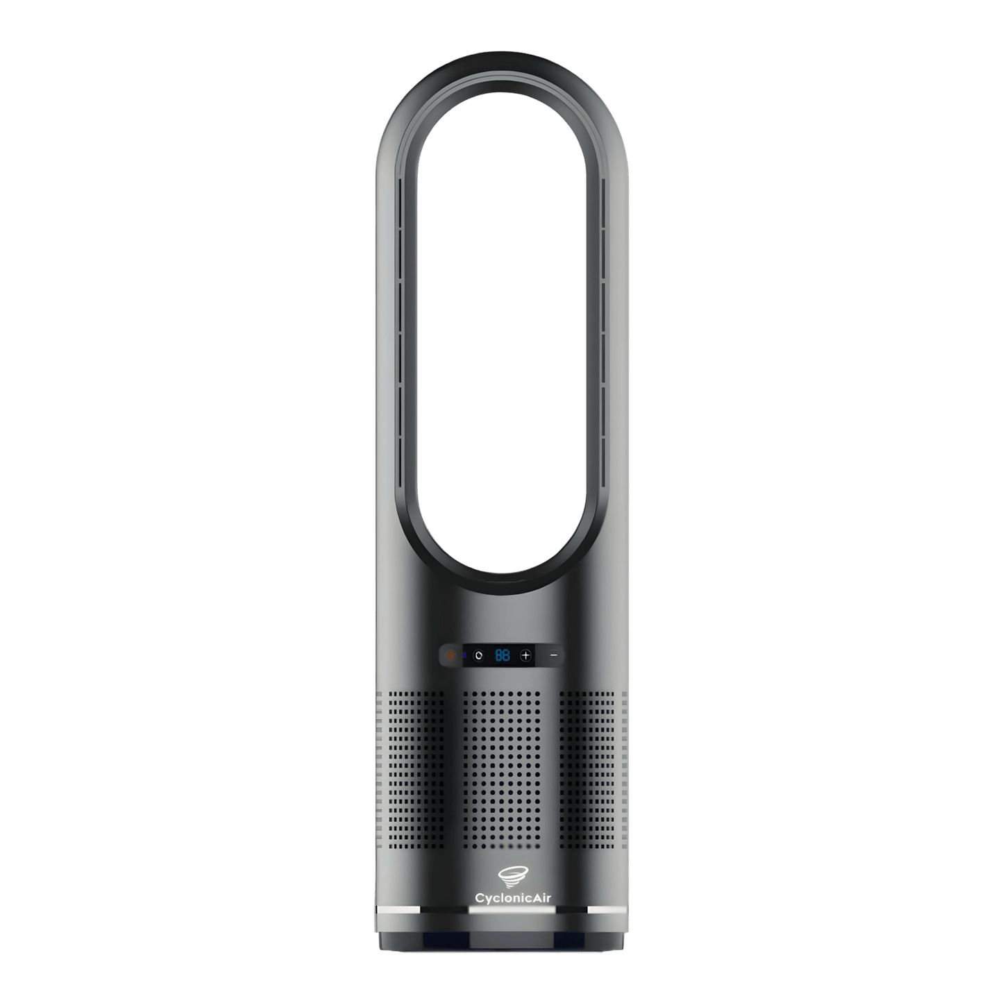 CyclonicAir Pro Pure Climate HEPA bladeless fan in Graphite Black—provides whisper-quiet heating, bladeless cooling, smooth oscillation, and H13 HEPA air purification in a sleek, safe, space-saving design.