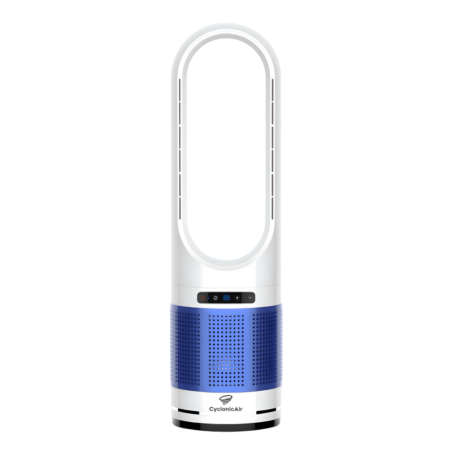 CyclonicAir Pro Pure Climate HEPA bladeless fan in Ocean Blue—features ultra-quiet heating and cooling, 80° oscillation, and advanced H13 HEPA air purification in a stylish, bladeless design.