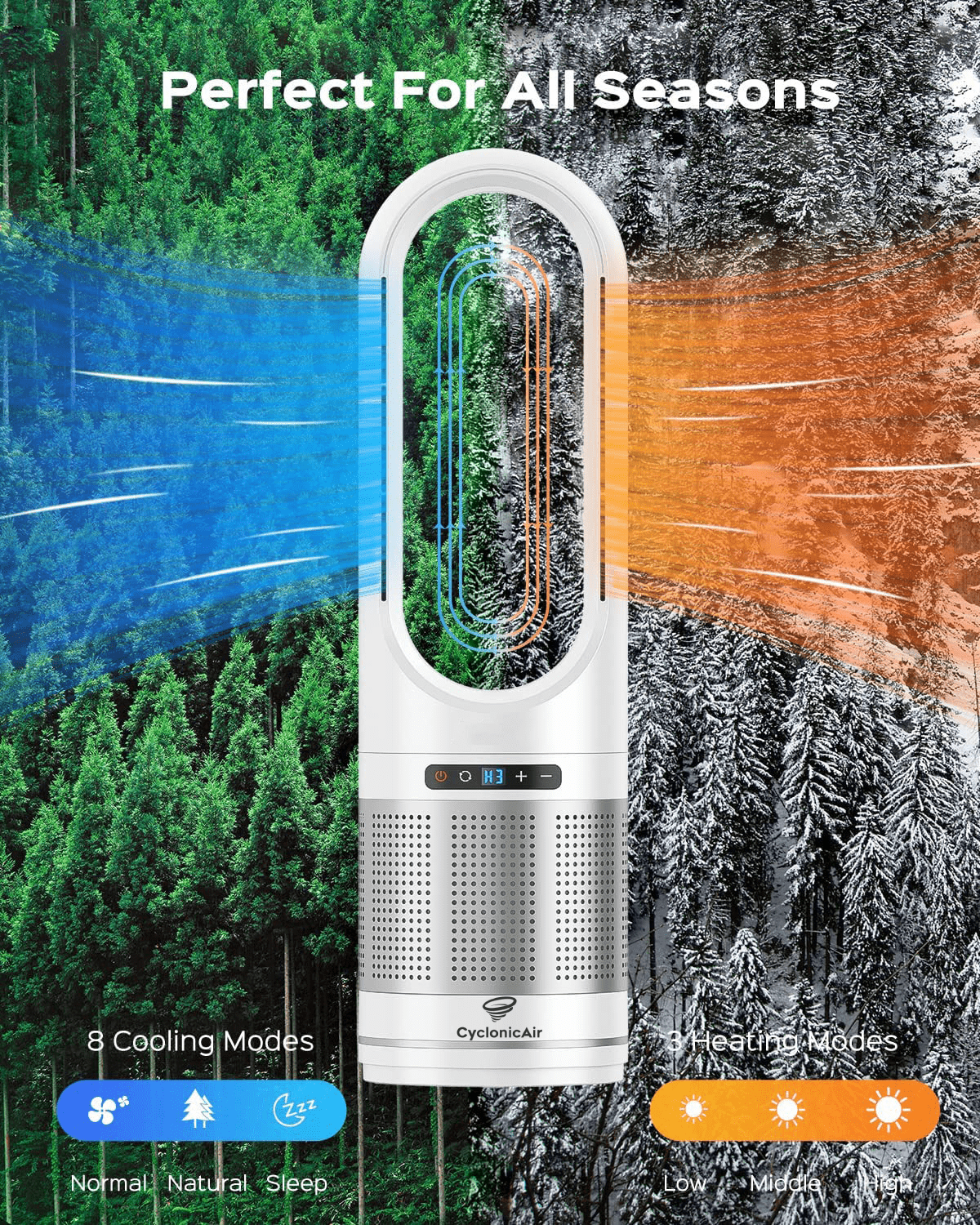 CyclonicAir bladeless fan and heater with 8 cooling modes and 3 heating modes, perfect for year-round home comfort.