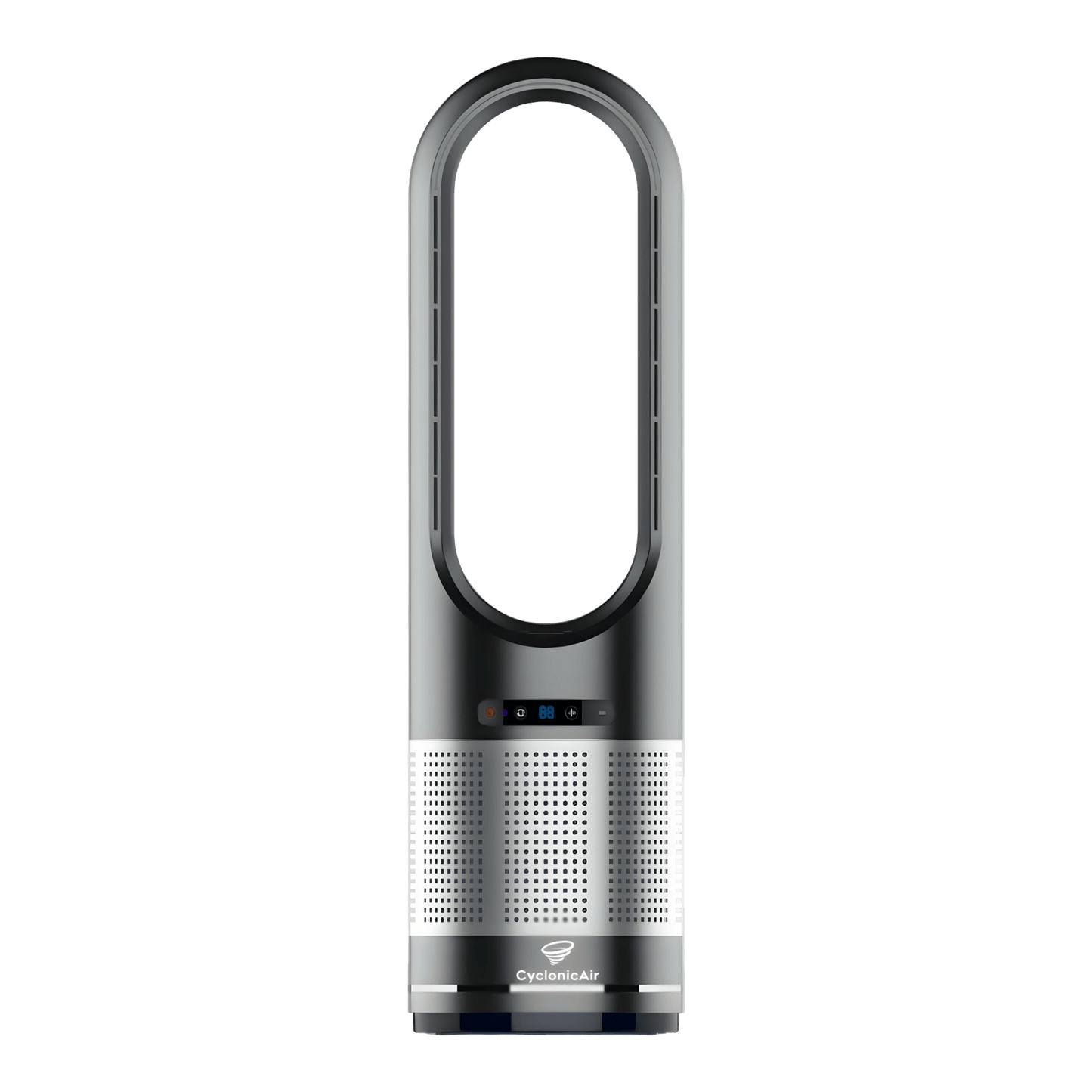CyclonicAir Pro Pure Climate bladeless fan in Onyx Black with ceramic heater, cooling fan, H13 HEPA filter and oscillation—for quiet, stylish air control and purification.