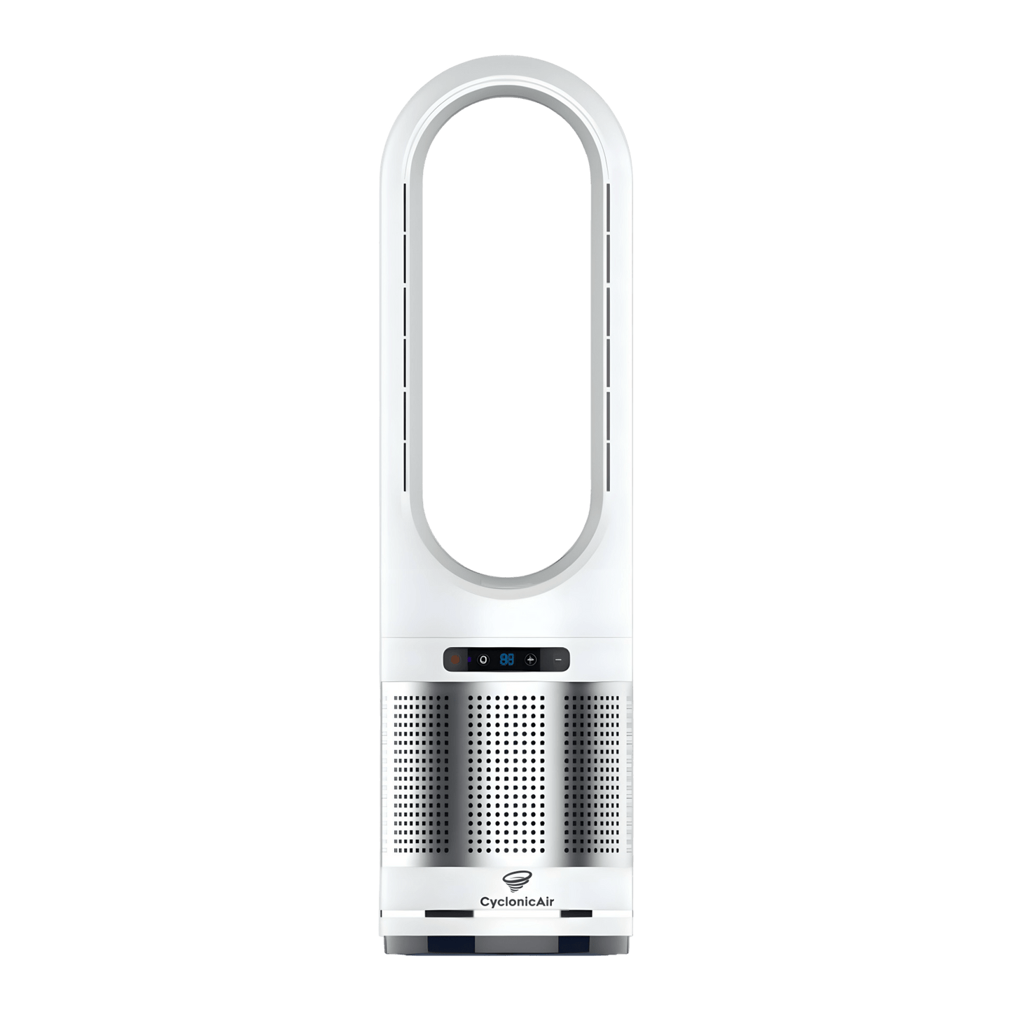 CyclonicAir Pro Pure bladeless fan in Pearl Silver—quiet heating, cooling, and H13 HEPA filtration in a sleek, safe design for year‑round use in bedrooms, nurseries, and offices.