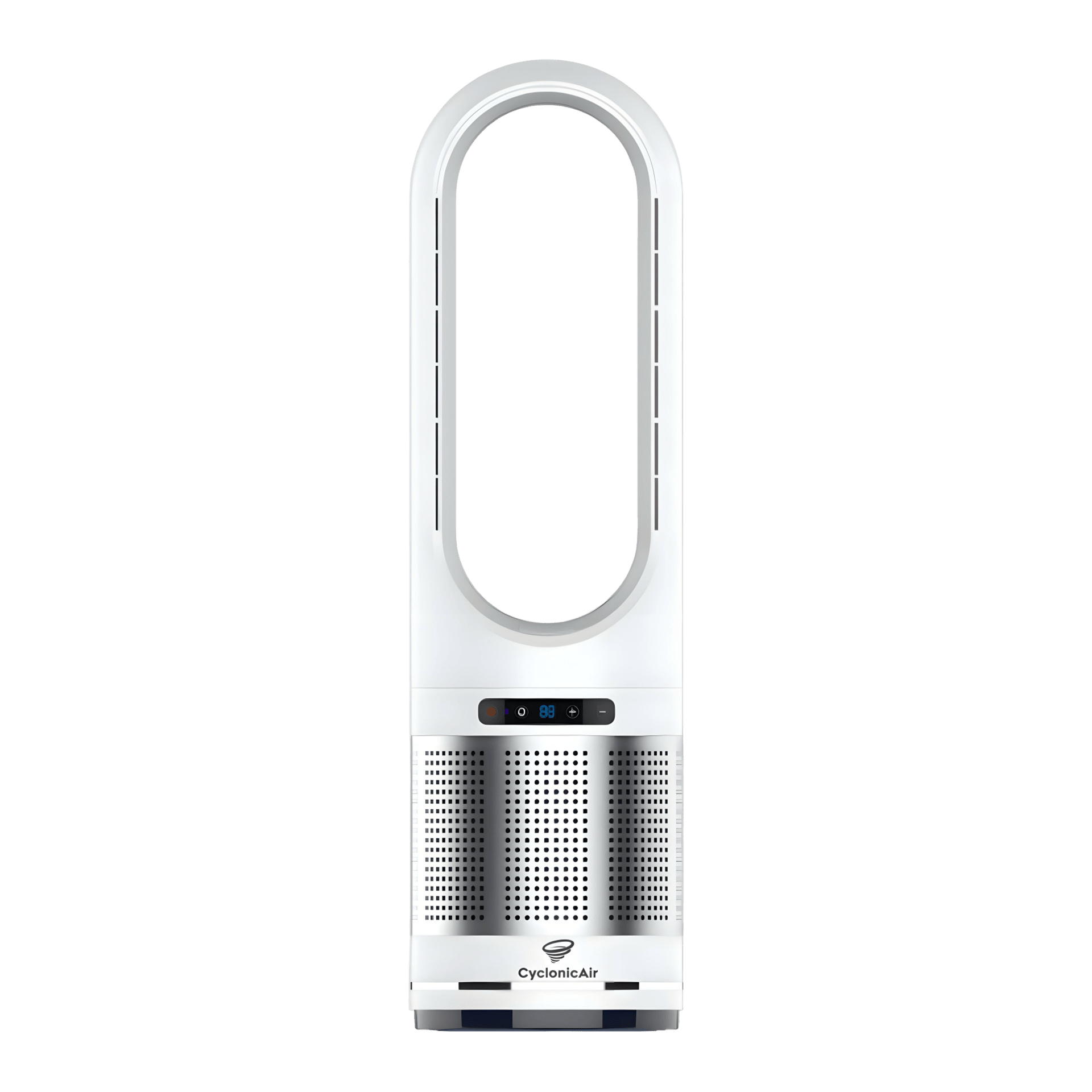 CyclonicAir Pro Pure bladeless fan in Pearl Silver—quiet heating, cooling, and H13 HEPA filtration in a sleek, safe design for year‑round use in bedrooms, nurseries, and offices.