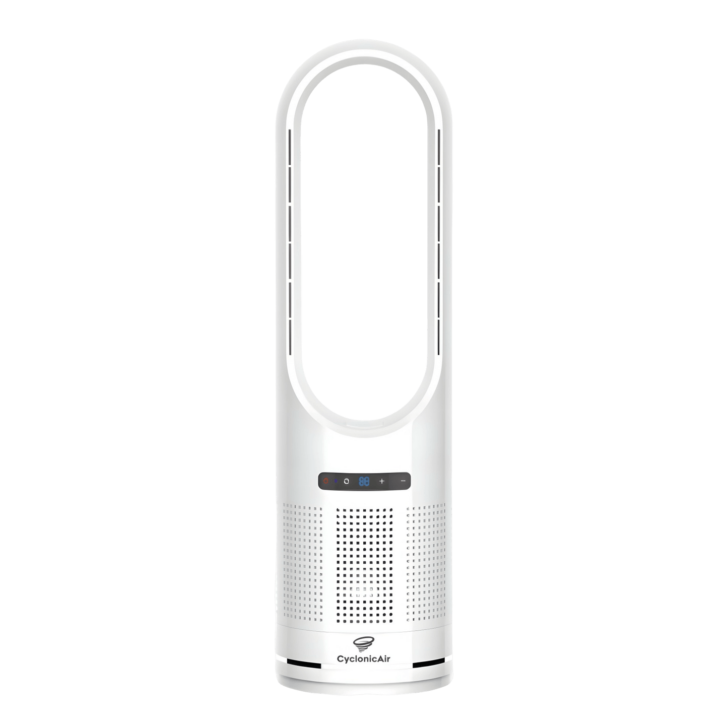 Pure white CyclonicAir Pro Pure Climate bladeless fan with heating, cooling, and built-in H13 HEPA filter—ideal for allergy relief, pet owners, and modern home comfort.
