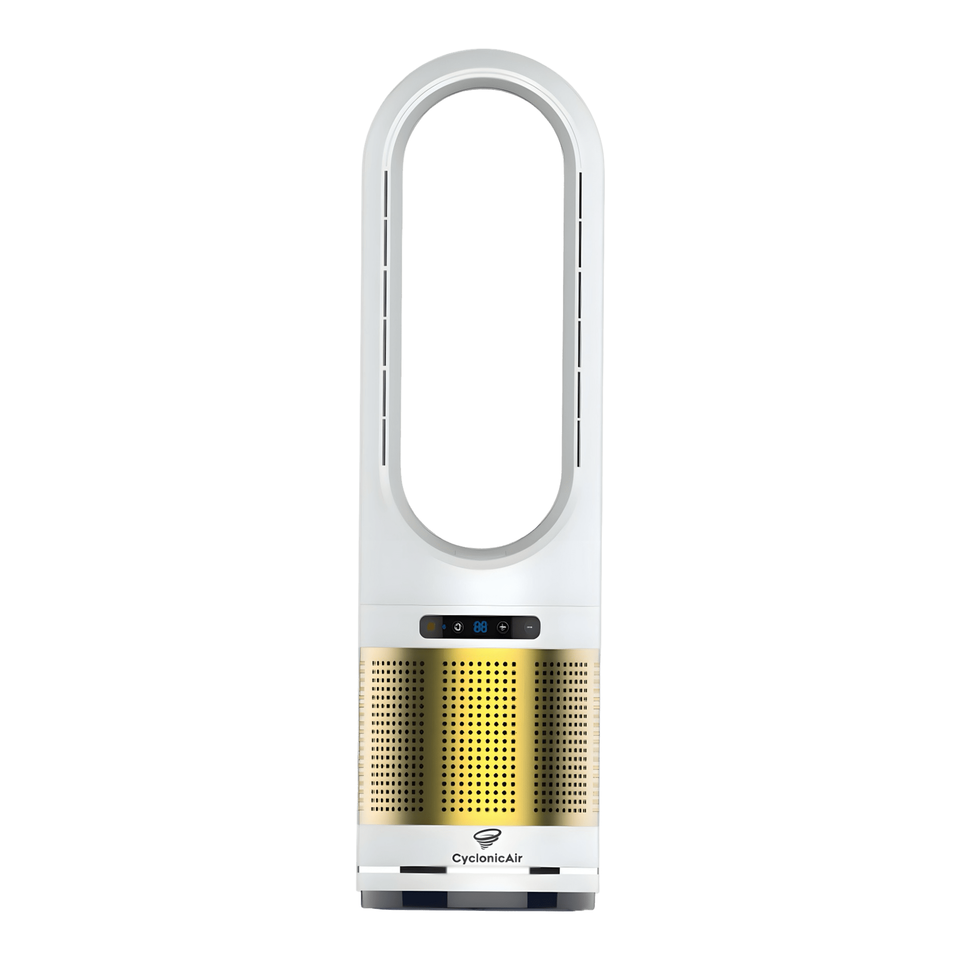 CyclonicAir Pro Pure Climate HEPA bladeless fan in Champagne Gold combines whisper‑quiet heating, cooling, H13 HEPA air filtration, and smooth oscillation in a sleek, safety‑focused design.