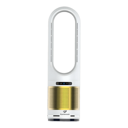 CyclonicAir Pro Pure Climate HEPA bladeless fan in Champagne Gold combines whisper‑quiet heating, cooling, H13 HEPA air filtration, and smooth oscillation in a sleek, safety‑focused design.