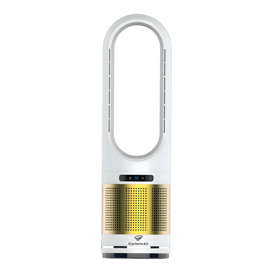 CyclonicAir Pro Pure Climate HEPA bladeless fan in Champagne Gold combines whisper‑quiet heating, cooling, H13 HEPA air filtration, and smooth oscillation in a sleek, safety‑focused design.