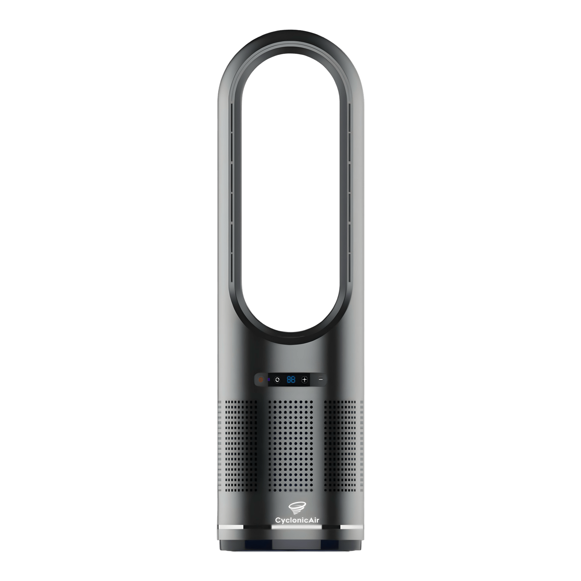 CyclonicAir Pro Pure Climate HEPA bladeless fan in Graphite Black—provides whisper-quiet heating, bladeless cooling, smooth oscillation, and H13 HEPA air purification in a sleek, safe, space-saving design.