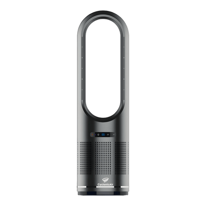 CyclonicAir Pro Pure Climate HEPA bladeless fan in Graphite Black—provides whisper-quiet heating, bladeless cooling, smooth oscillation, and H13 HEPA air purification in a sleek, safe, space-saving design.