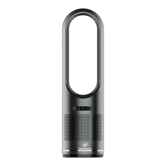 CyclonicAir Pro Pure Climate HEPA bladeless fan in Graphite Black—provides whisper-quiet heating, bladeless cooling, smooth oscillation, and H13 HEPA air purification in a sleek, safe, space-saving design.