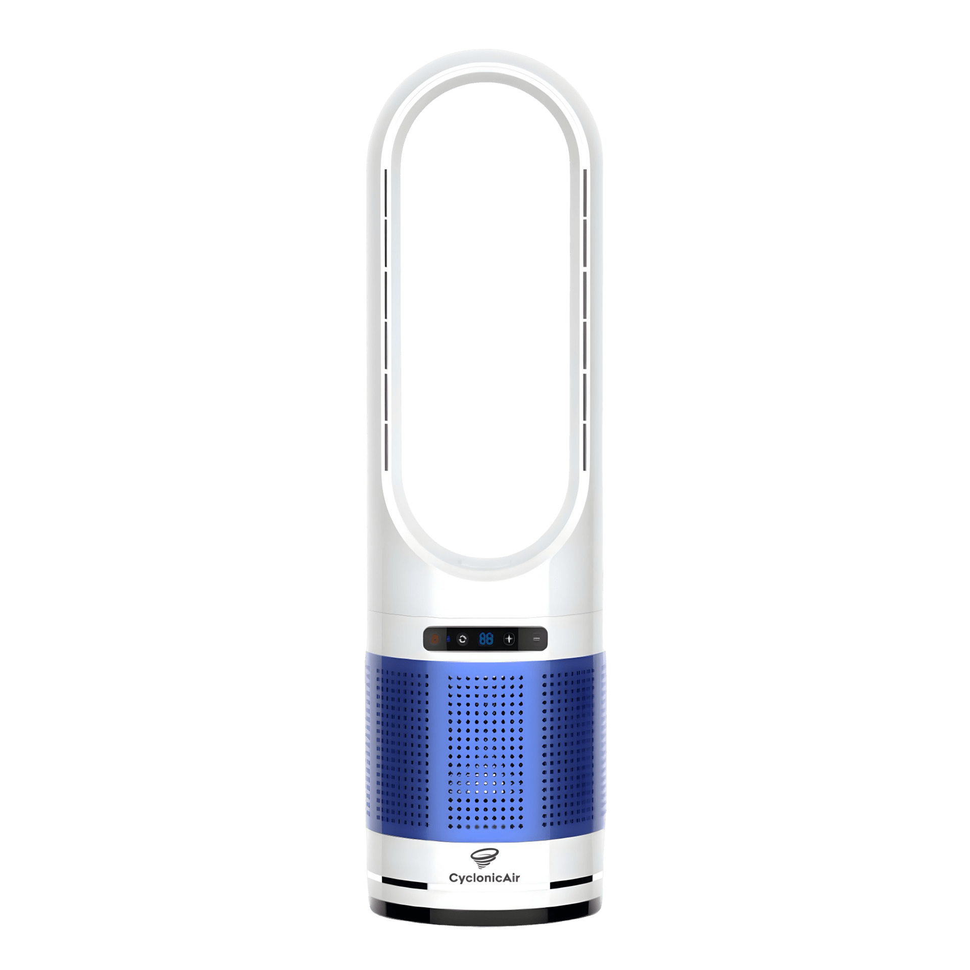 CyclonicAir Pro Pure Climate HEPA bladeless fan in Ocean Blue—features ultra-quiet heating and cooling, 80° oscillation, and advanced H13 HEPA air purification in a stylish, bladeless design.