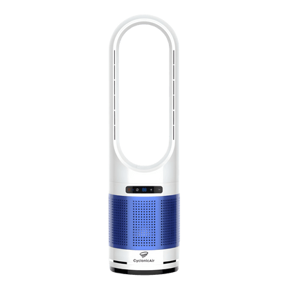 CyclonicAir Pro Pure Climate HEPA bladeless fan in Ocean Blue—features ultra-quiet heating and cooling, 80° oscillation, and advanced H13 HEPA air purification in a stylish, bladeless design.