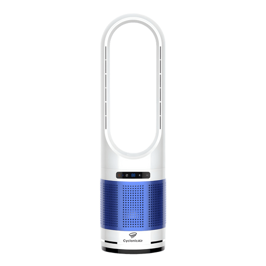 CyclonicAir Pro Pure Climate HEPA bladeless fan in Ocean Blue—features ultra-quiet heating and cooling, 80° oscillation, and advanced H13 HEPA air purification in a stylish, bladeless design.