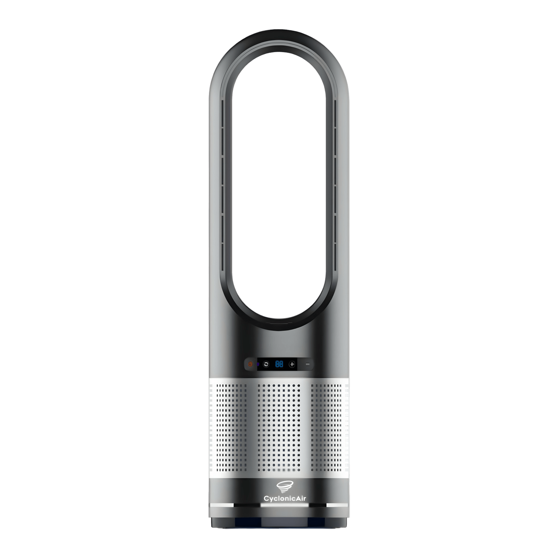 CyclonicAir Pro Pure Climate bladeless fan in Onyx Black with ceramic heater, cooling fan, H13 HEPA filter and oscillation—for quiet, stylish air control and purification.