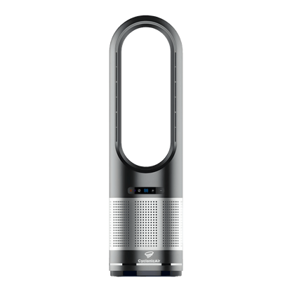 CyclonicAir Pro Pure Climate bladeless fan in Onyx Black with ceramic heater, cooling fan, H13 HEPA filter and oscillation—for quiet, stylish air control and purification.