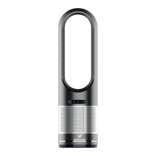 CyclonicAir Pro Pure Climate bladeless fan in Onyx Black with ceramic heater, cooling fan, H13 HEPA filter and oscillation—for quiet, stylish air control and purification.