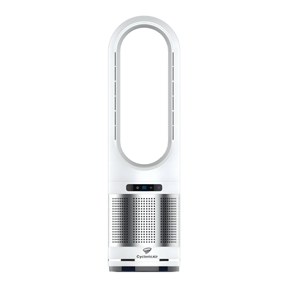 CyclonicAir Pro Pure bladeless fan in Pearl Silver—quiet heating, cooling, and H13 HEPA filtration in a sleek, safe design for year‑round use in bedrooms, nurseries, and offices.