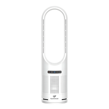 Pure white CyclonicAir Pro Pure Climate bladeless fan with heating, cooling, and built-in H13 HEPA filter—ideal for allergy relief, pet owners, and modern home comfort.