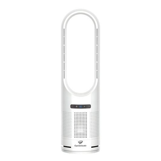 Pure white CyclonicAir Pro Pure Climate bladeless fan with heating, cooling, and built-in H13 HEPA filter—ideal for allergy relief, pet owners, and modern home comfort.